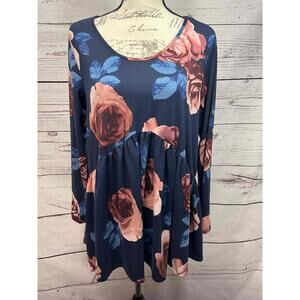 Agnes Dora Navy Blue Floral Long Sleeve Peplum Blouse Large